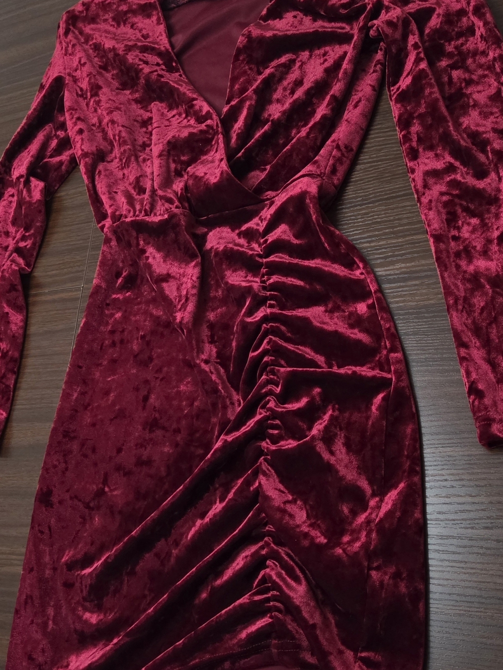 Betsey Johnson Burgundy Velvet Ruched Wrap-Front Long Sleeve Dress